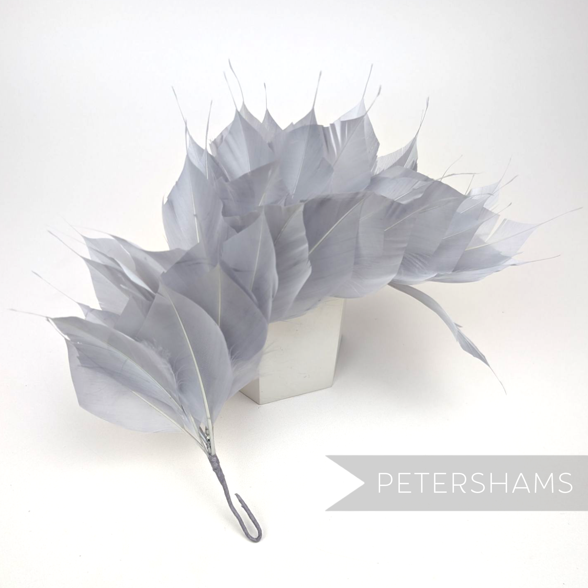 Petershams Millinery Supplies large grey spiky goose feather wired millinery mount for headpieces.
