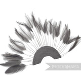 Petershams Millinery Supplies dark grey stripped hackle feather fan on a cotton base for hat and fascinator trimming.