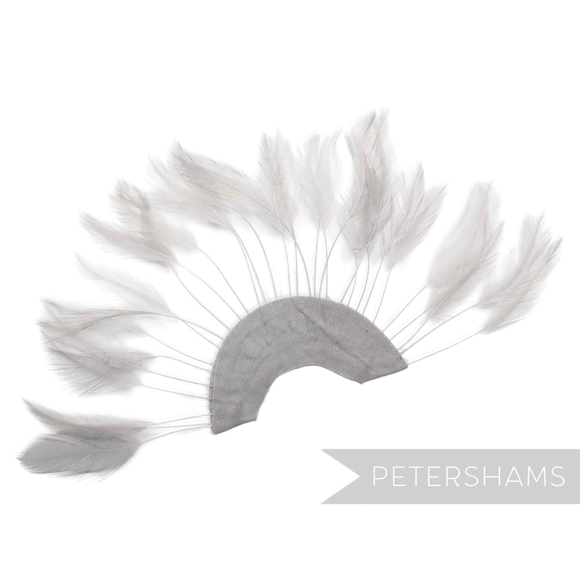 Petershams Millinery Supplies pale grey stripped hackle feather fan on a cotton base for hat and fascinator trimming.