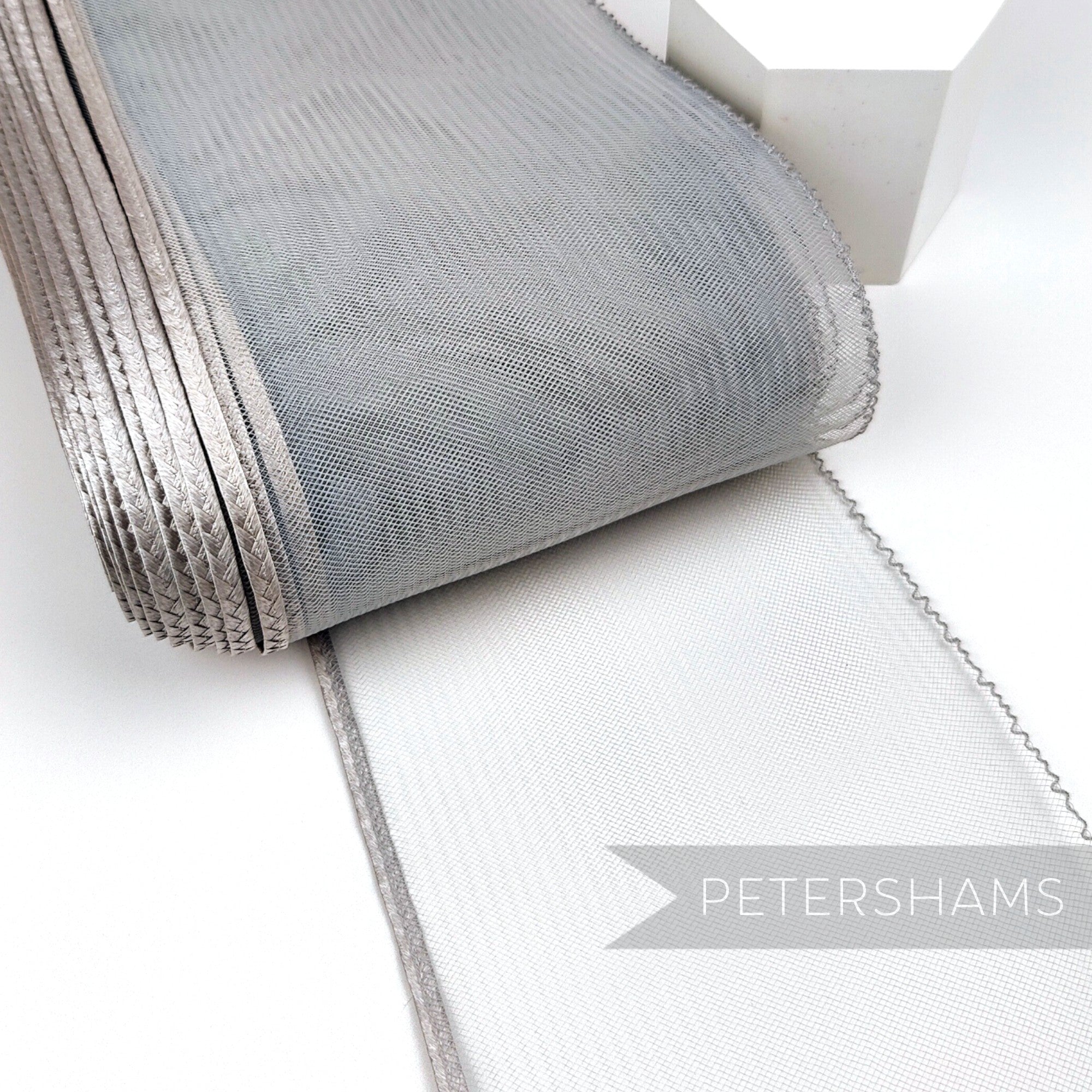 Petershams Millinery Supplies 15cm wide grey crinoline trim with a shiny polybraid edge for hat making and millinery.