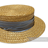 Petershams Millinery Supplies pleated grey satin puggaree hat band wrapped around a natural straw boater hat