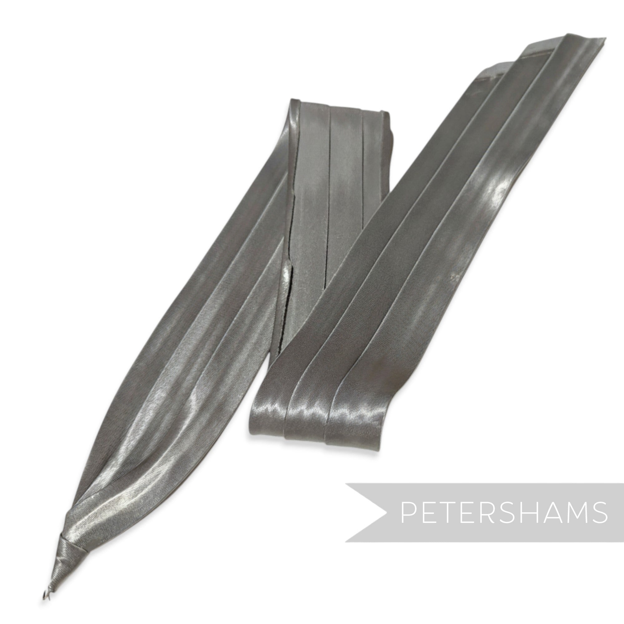 Petershams Millinery Supplies grey satin pleated puggaree hat band with metal fastening tab