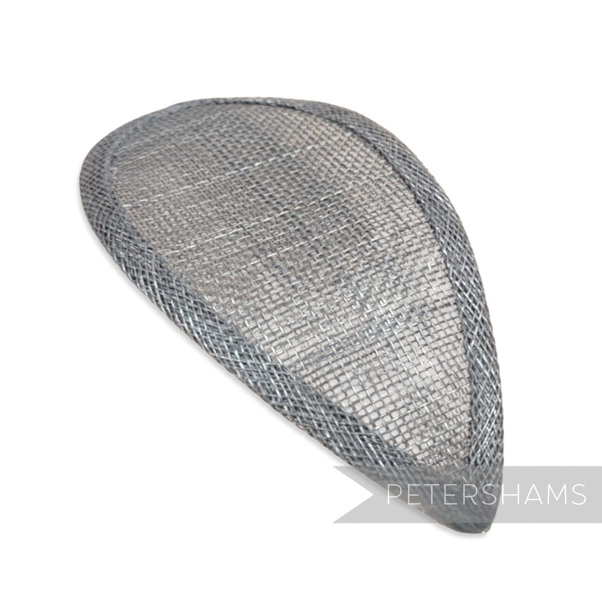 Petershams Millinery Supplies pewter grey teardrop sinamay hat base with wired edges for custom shaping