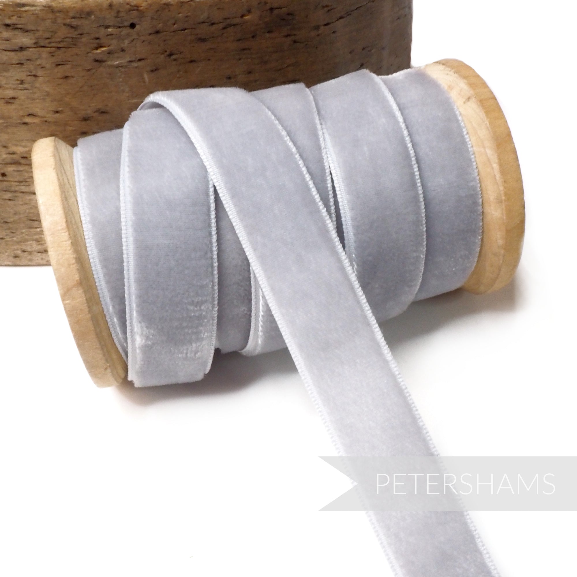 Petershams Millinery Supplies 16mm vintage pale blue grey velvet ribbon on a wooden spool