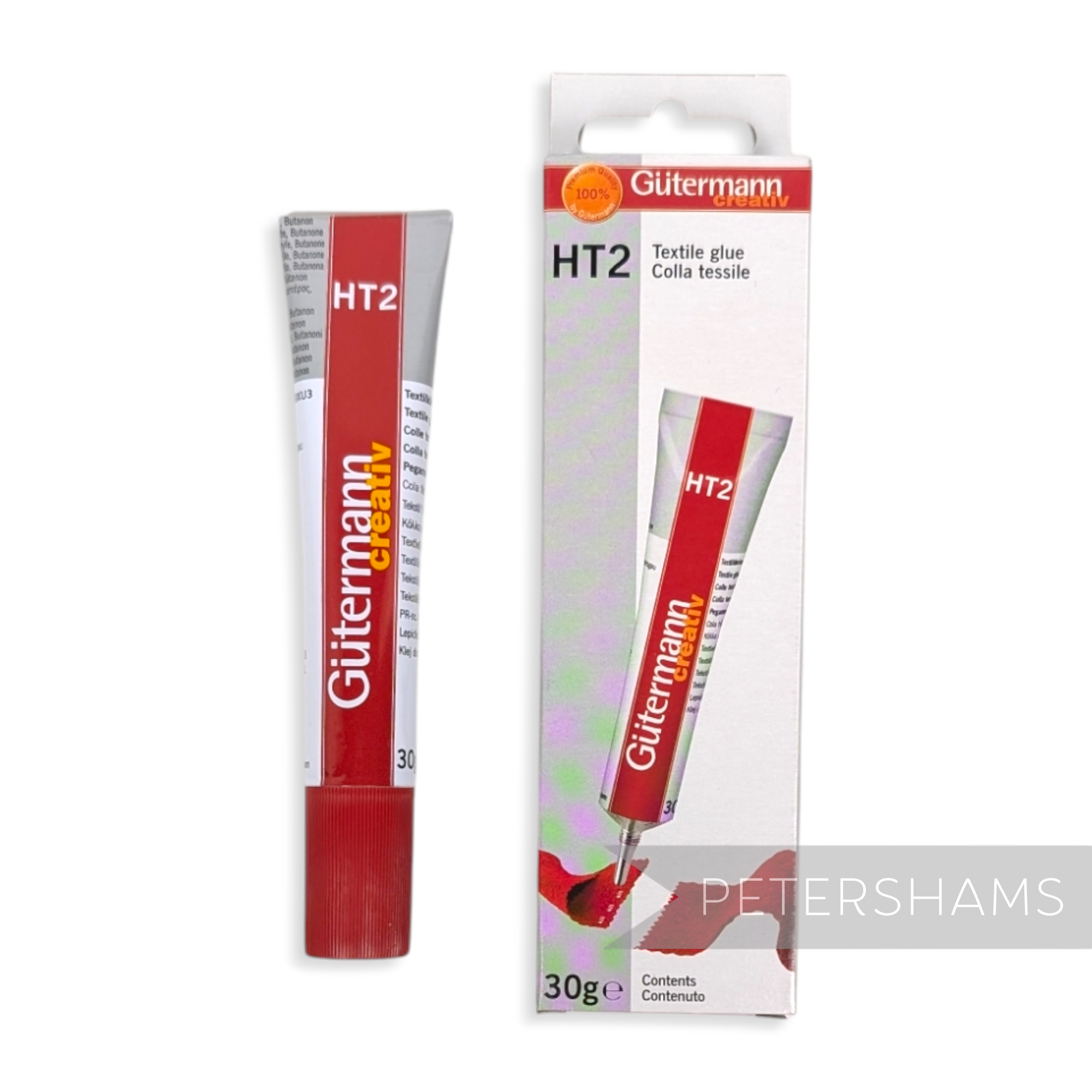 Petershams Millinery Supplies Gutermann HT2 textile fabric glue in a 30g tube with its original retail packaging box.