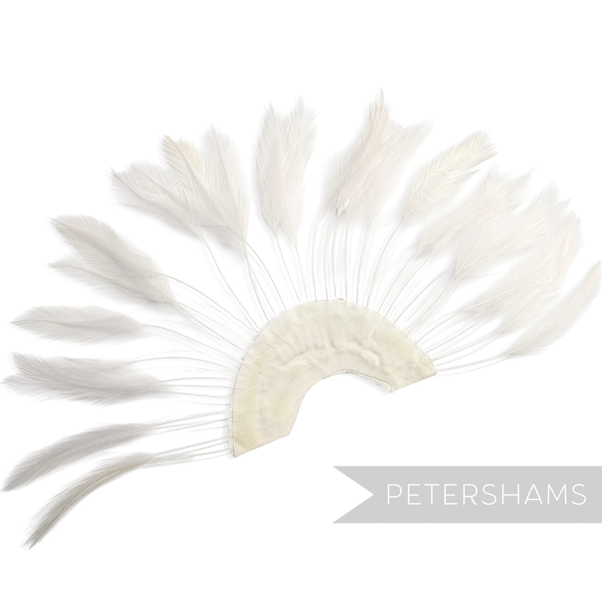 Petershams Millinery Supplies ivory stripped hackle feather fan on a cotton base for hat and fascinator trimming