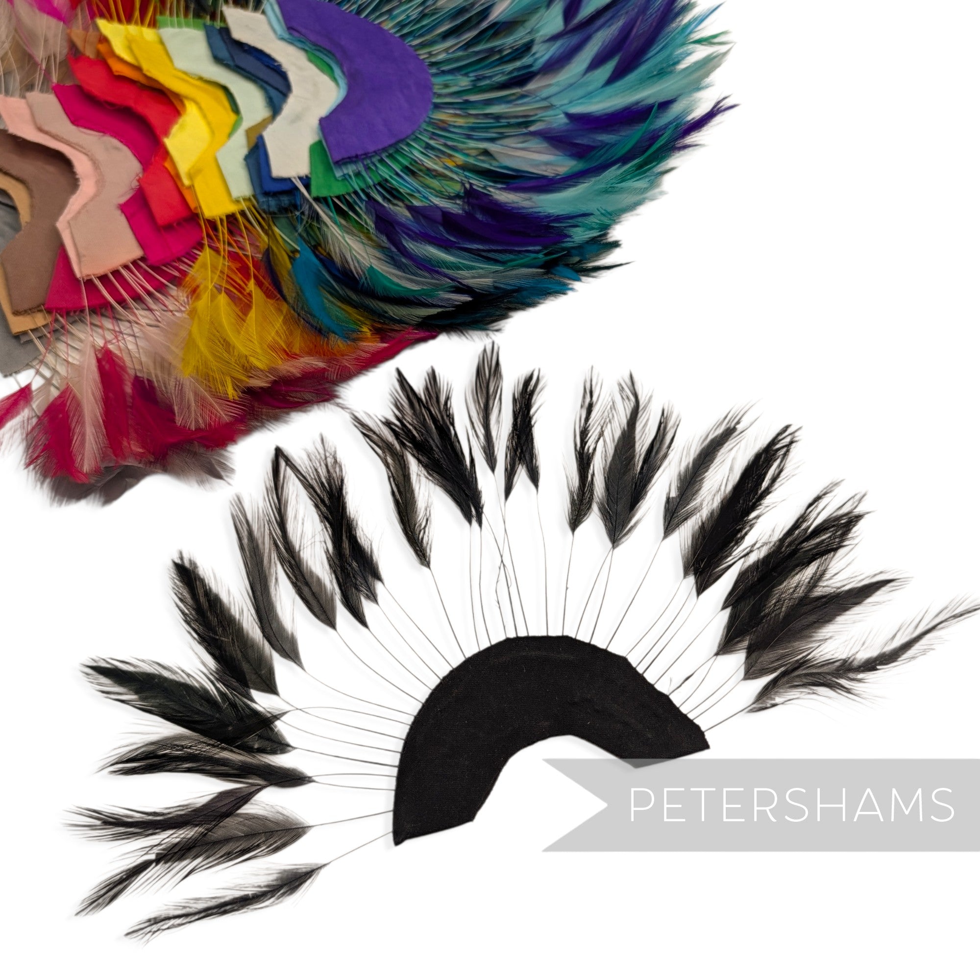 Petershams Millinery Supplies stripped hackle feather fan on a cotton base for hat and fascinator trimming