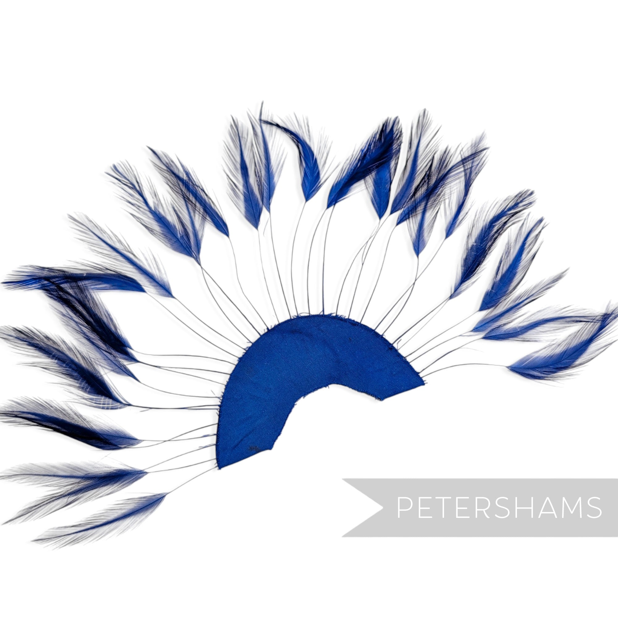 Petershams Millinery Supplies royal blue stripped hackle feather fan on a cotton base for hat and fascinator trimming.