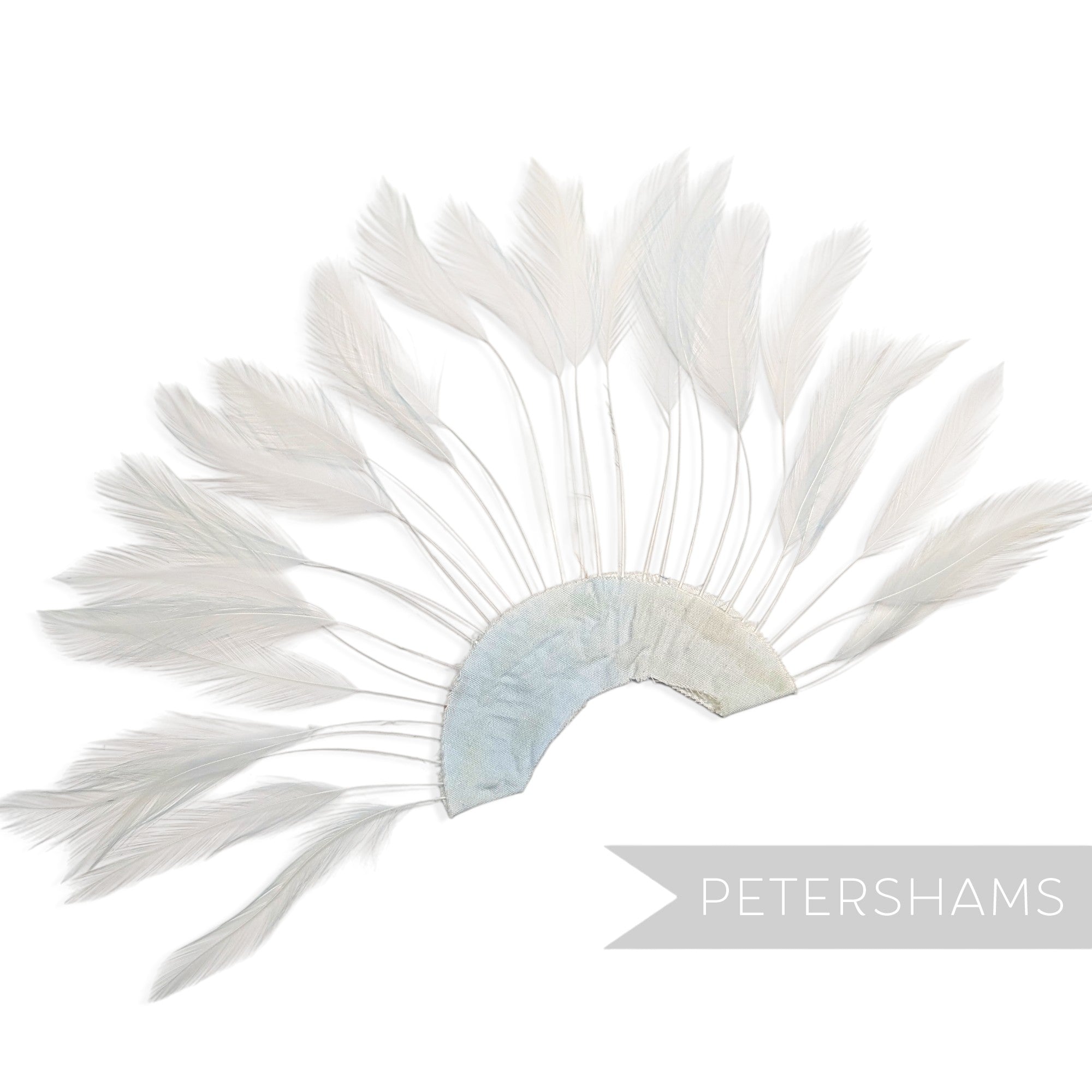 Petershams Millinery Supplies pale blue stripped hackle feather fan on a cotton base for hat and fascinator trimming.