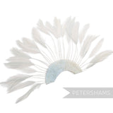 Petershams Millinery Supplies pale blue stripped hackle feather fan on a cotton base for hat and fascinator trimming.