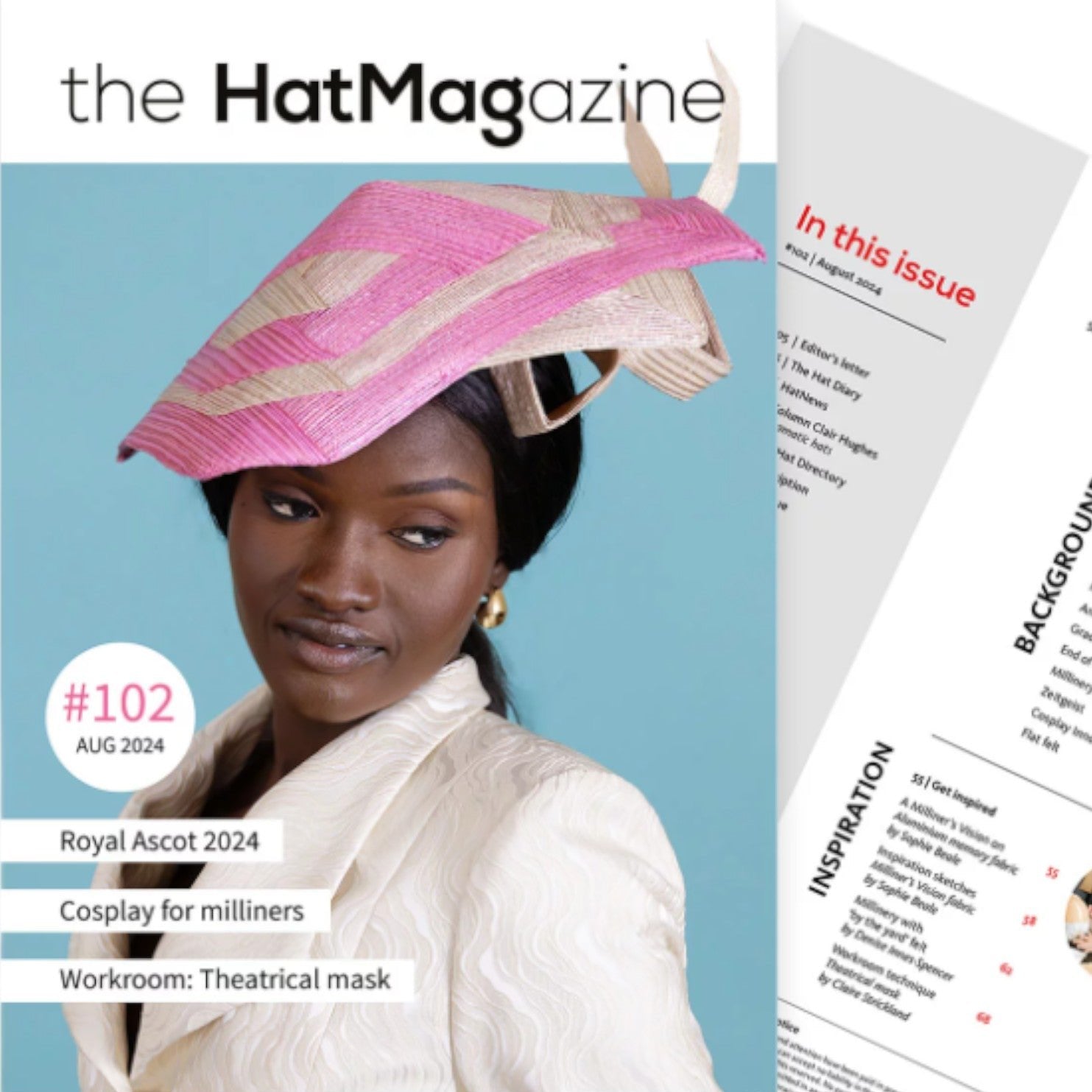 Petershams Millinery Supplies August 2024 issue of The HAT Magazine featuring a model in a pink and beige fascinator