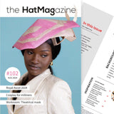 Petershams Millinery Supplies August 2024 issue of The HAT Magazine featuring a model in a pink and beige fascinator