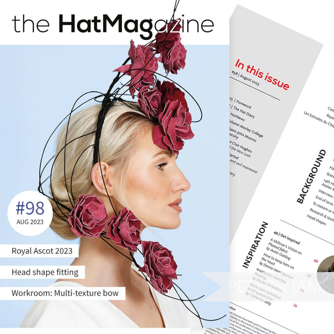 Petershams Millinery Supplies August 2023 issue of The HAT Magazine featuring a floral headpiece on a model