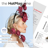 Petershams Millinery Supplies August 2023 issue of The HAT Magazine featuring a floral headpiece on a model