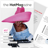 Petershams Millinery Supplies The HAT Magazine May 2023 issue 97 cover featuring a model in a bright pink wide-brim hat