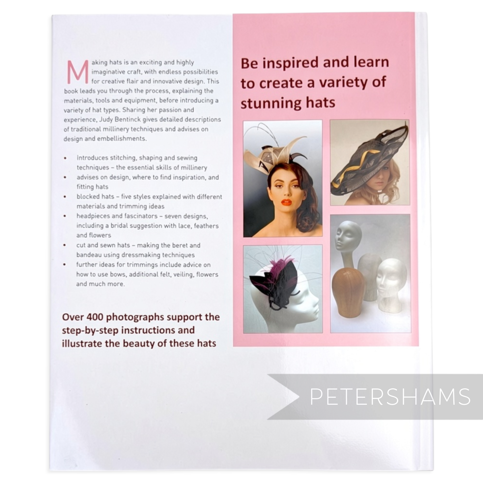 Back cover of Petershams Millinery Supplies book featuring photos of elegant handmade hats and headpieces