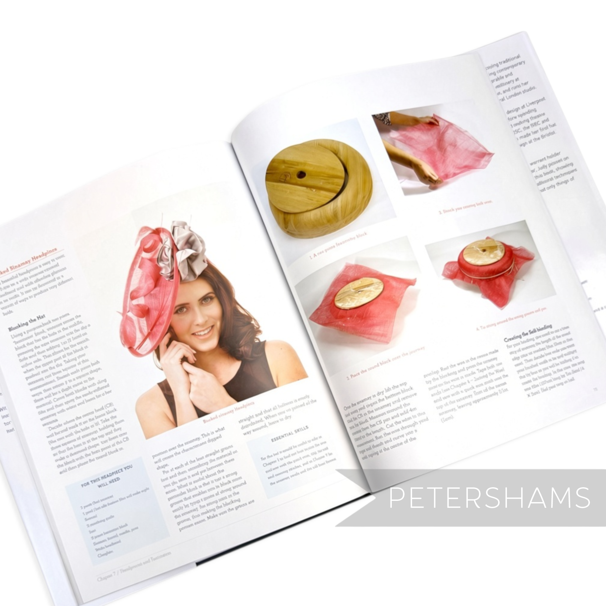 Petershams Millinery Supplies book page showing millinery techniques, hat designs, and step-by-step craft instructions.