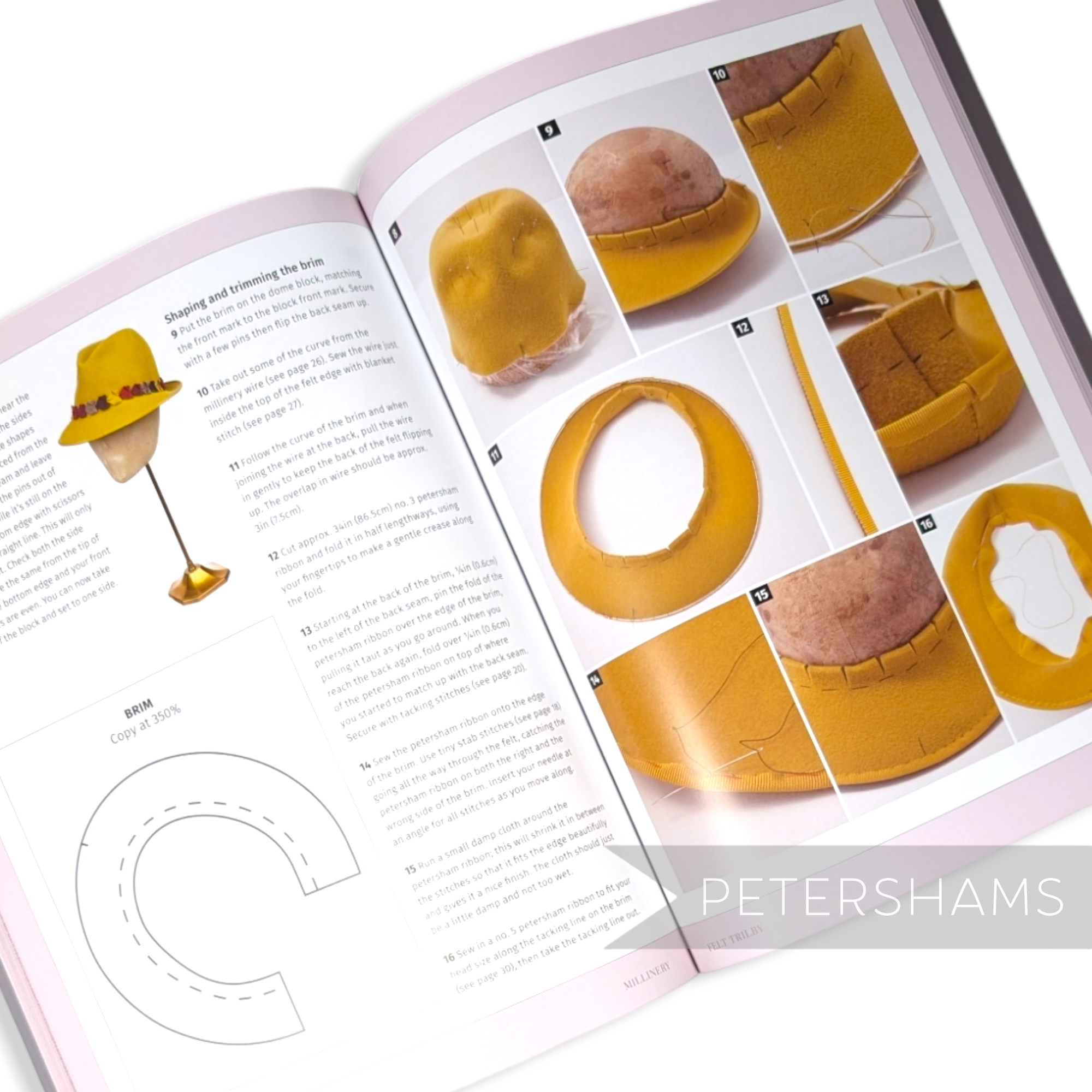 Petershams Millinery Supplies book page showing step-by-step instructions and photos for making a yellow felt trilby