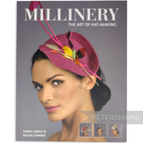 Petershams Millinery Supplies book cover featuring a woman wearing a pink felt hat with colourful feather accents.