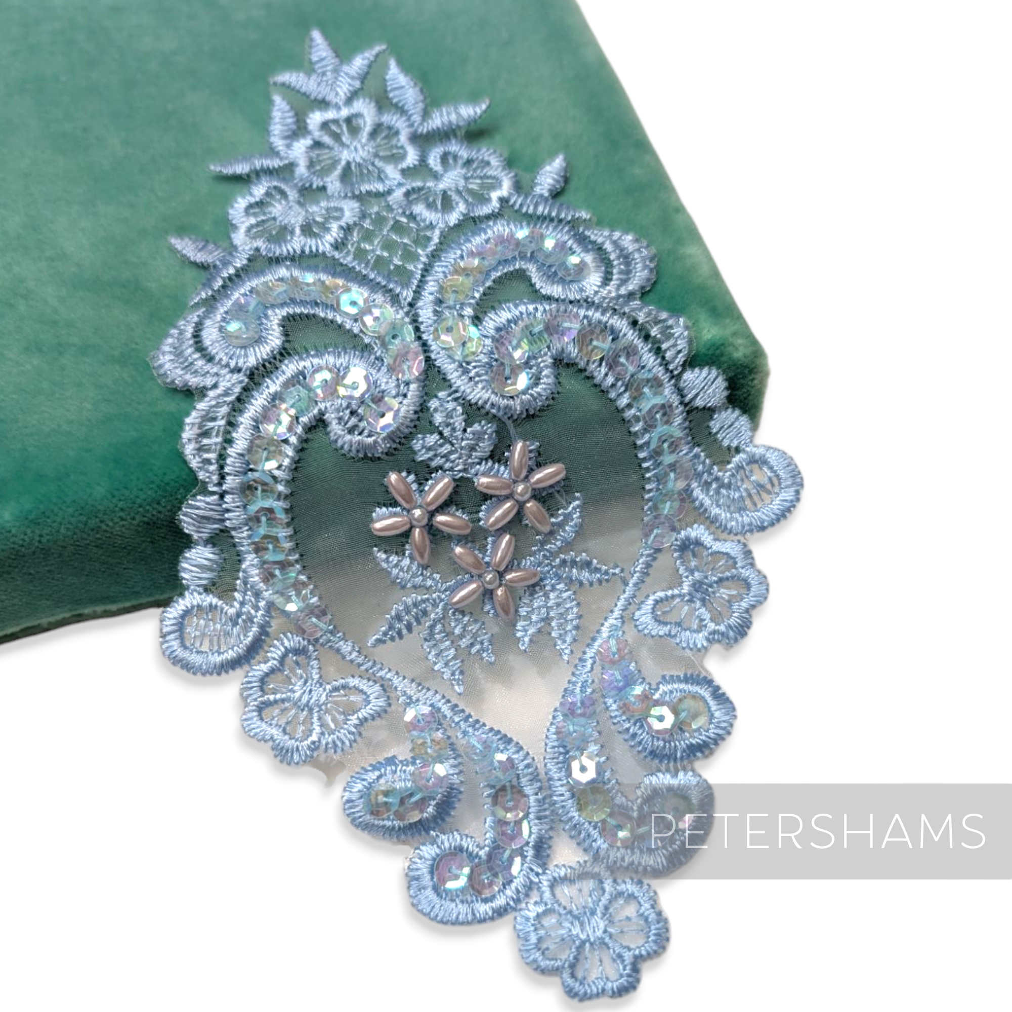 Petershams Millinery Supplies heart-shaped blue lace bridal motif with faux pearls and iridescent sequins