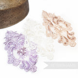 Petershams Millinery Supplies heart-shaped lace motifs in lavender, white, and champagne with pearls and sequins.