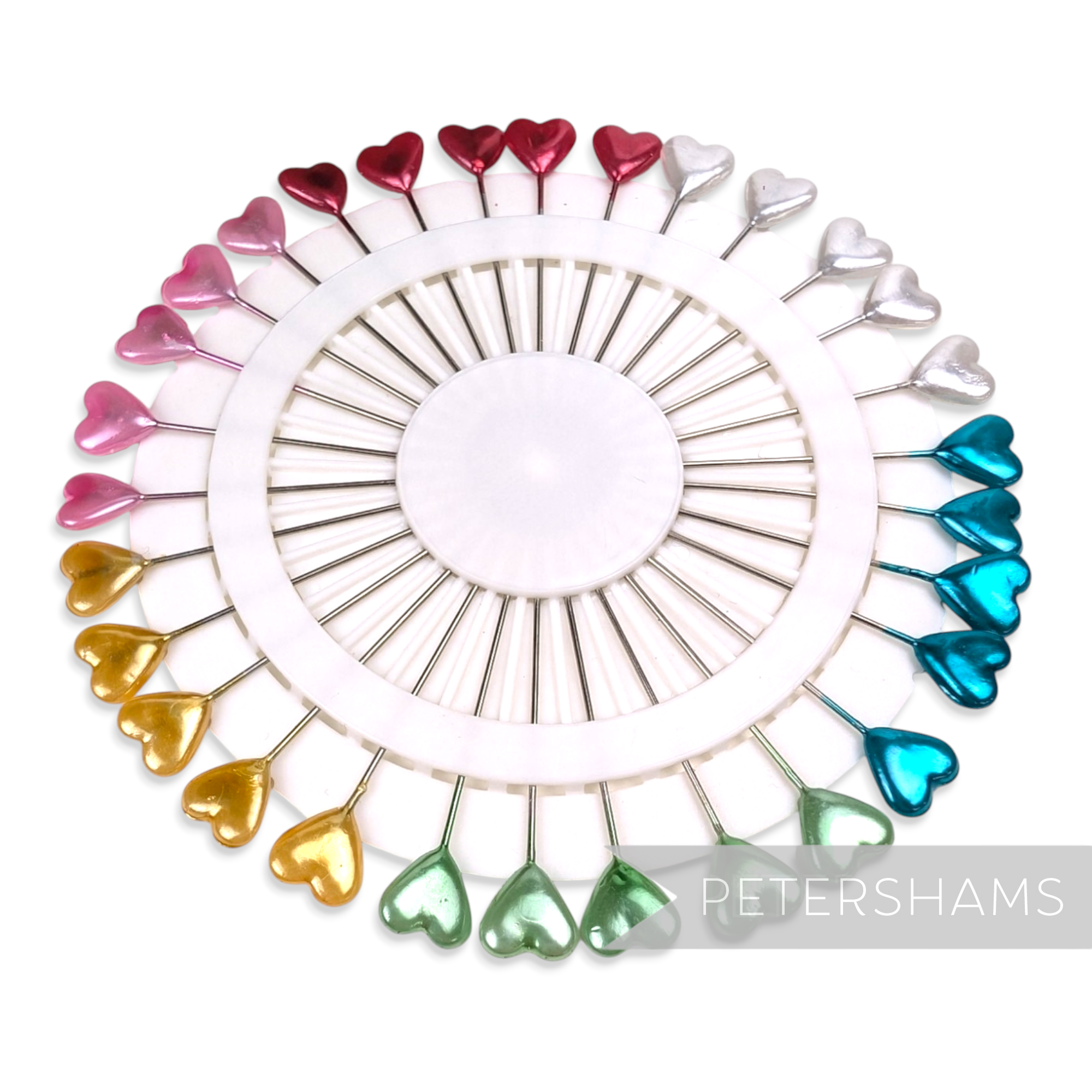 Petershams Millinery Supplies set of 30 vintage inspired heart-shaped sewing pins on a white storage wheel