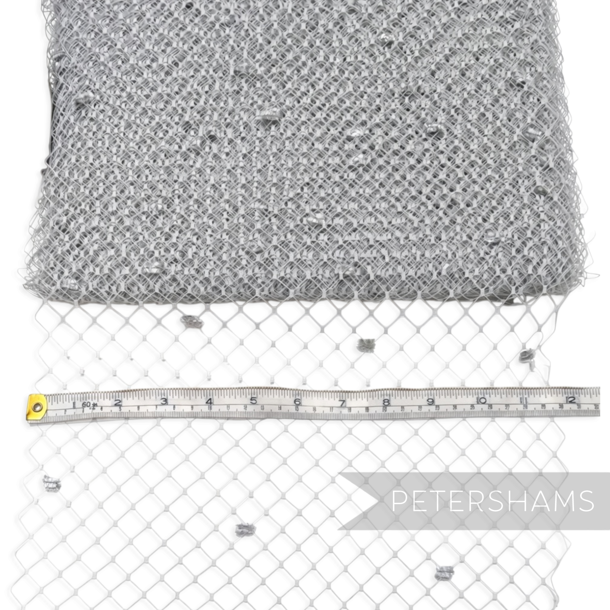 Petershams Millinery Supplies ice grey English Merry Widow veiling with chenille dots and 30cm width measurement