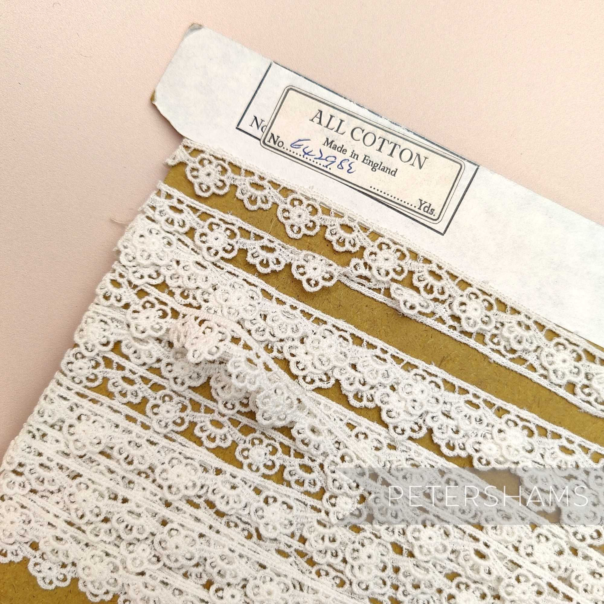 Petershams Millinery Supplies vintage 15mm ivory cotton guipure lace trim with a delicate flower pattern on a card. For Brides and Weddings