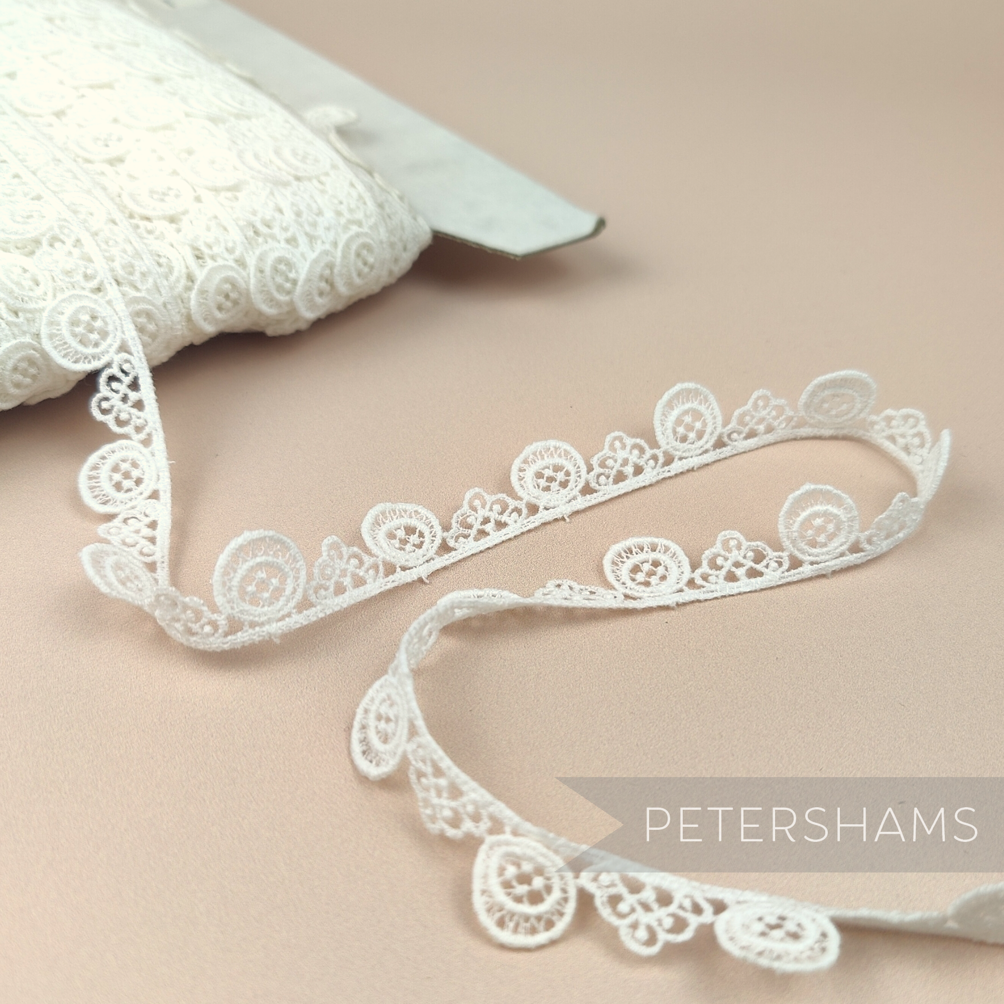 Petershams Millinery Supplies vintage 14mm ivory cotton guipure lace trim with circular and scallop design on a spool