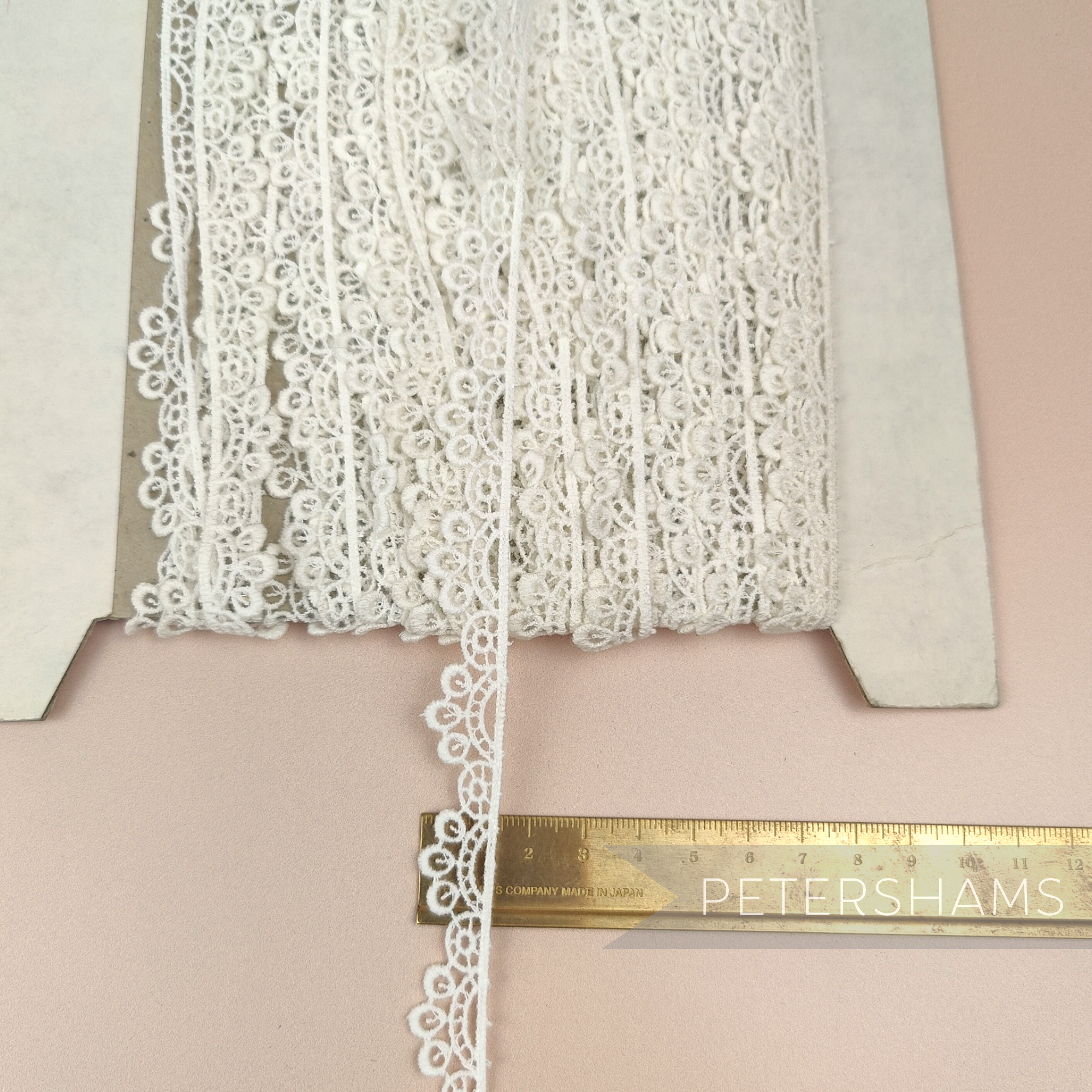 Petershams Millinery Supplies vintage 15mm ivory cotton guipure lace with a triple circle scalloped edge design