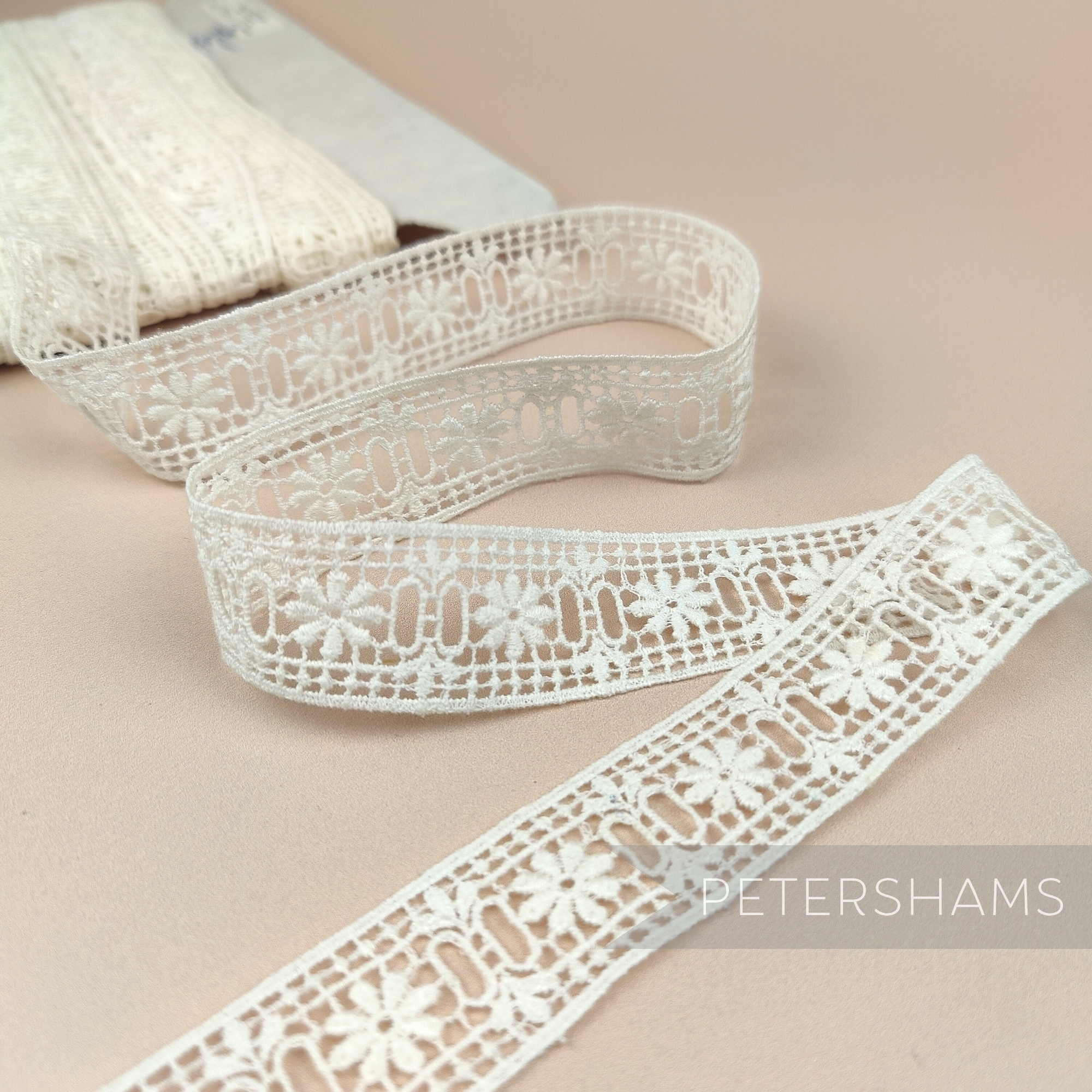 Petershams Millinery Supplies vintage 1950s ivory cotton guipure ribbon slot lace with grid flower pattern