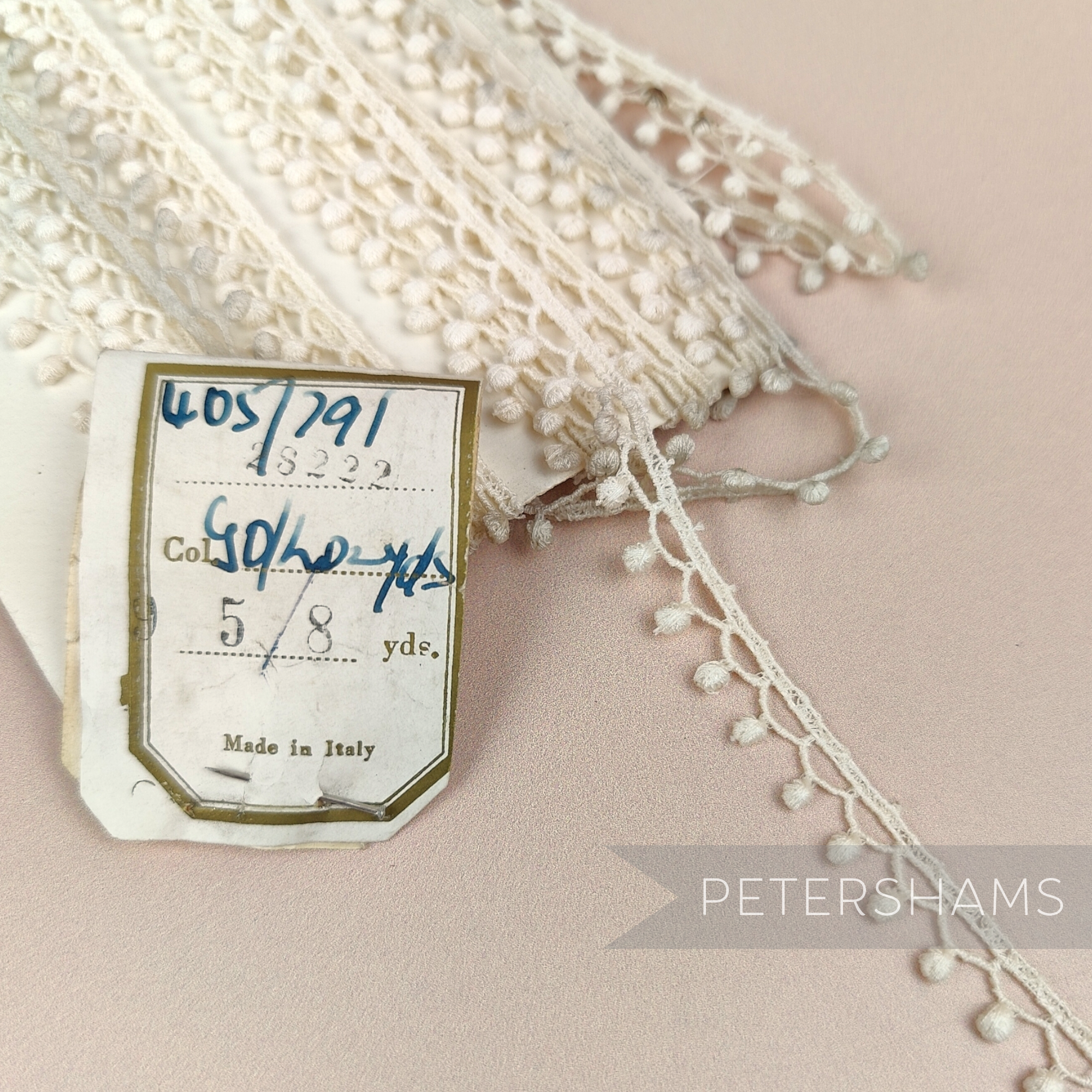 Petershams Millinery Supplies vintage Italian 8mm ivory dotted drop lace trim on a card, approximately 5m length.