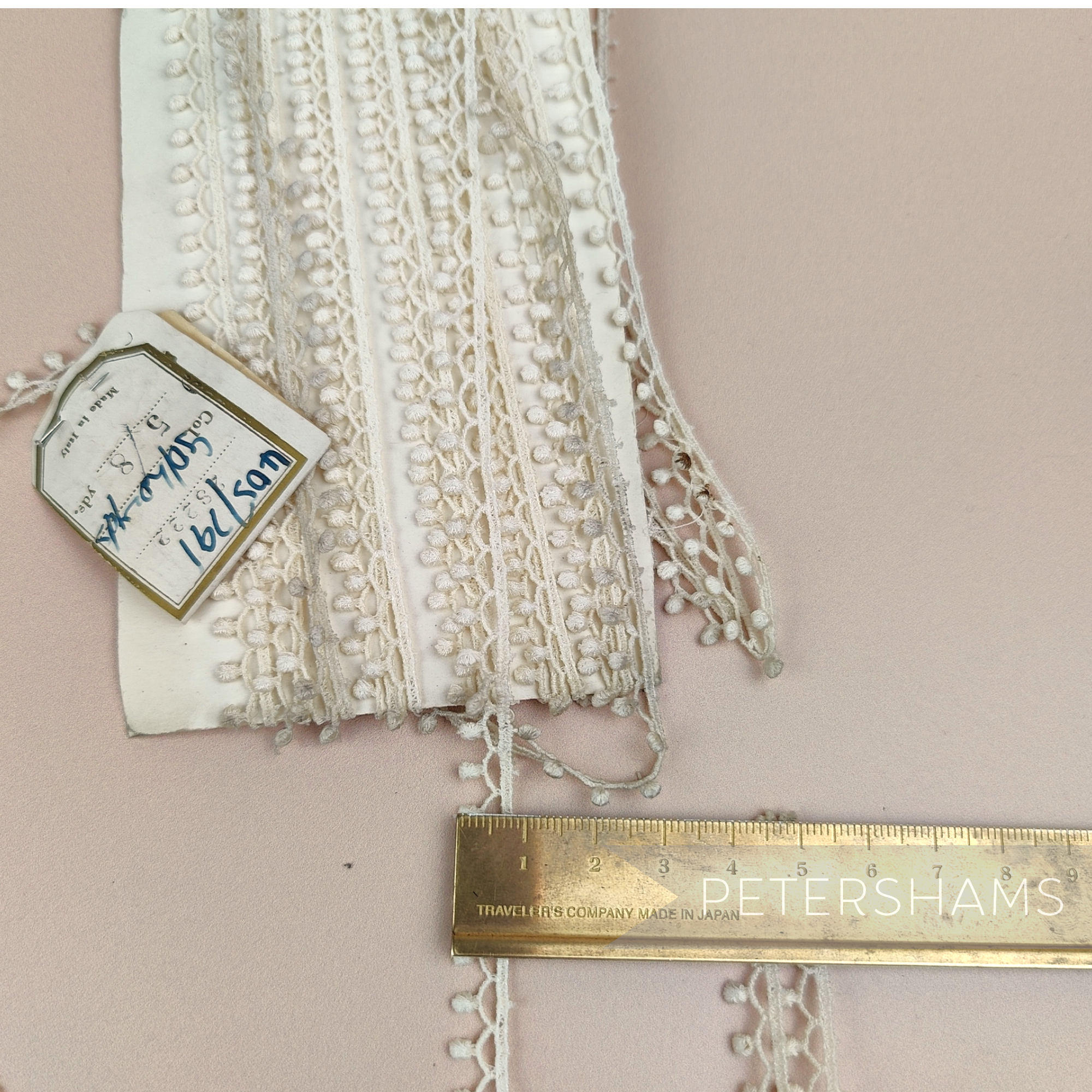 Petershams Millinery Supplies 8mm ivory dotted drop lace trim on a vintage card, Italian made, 5m length.