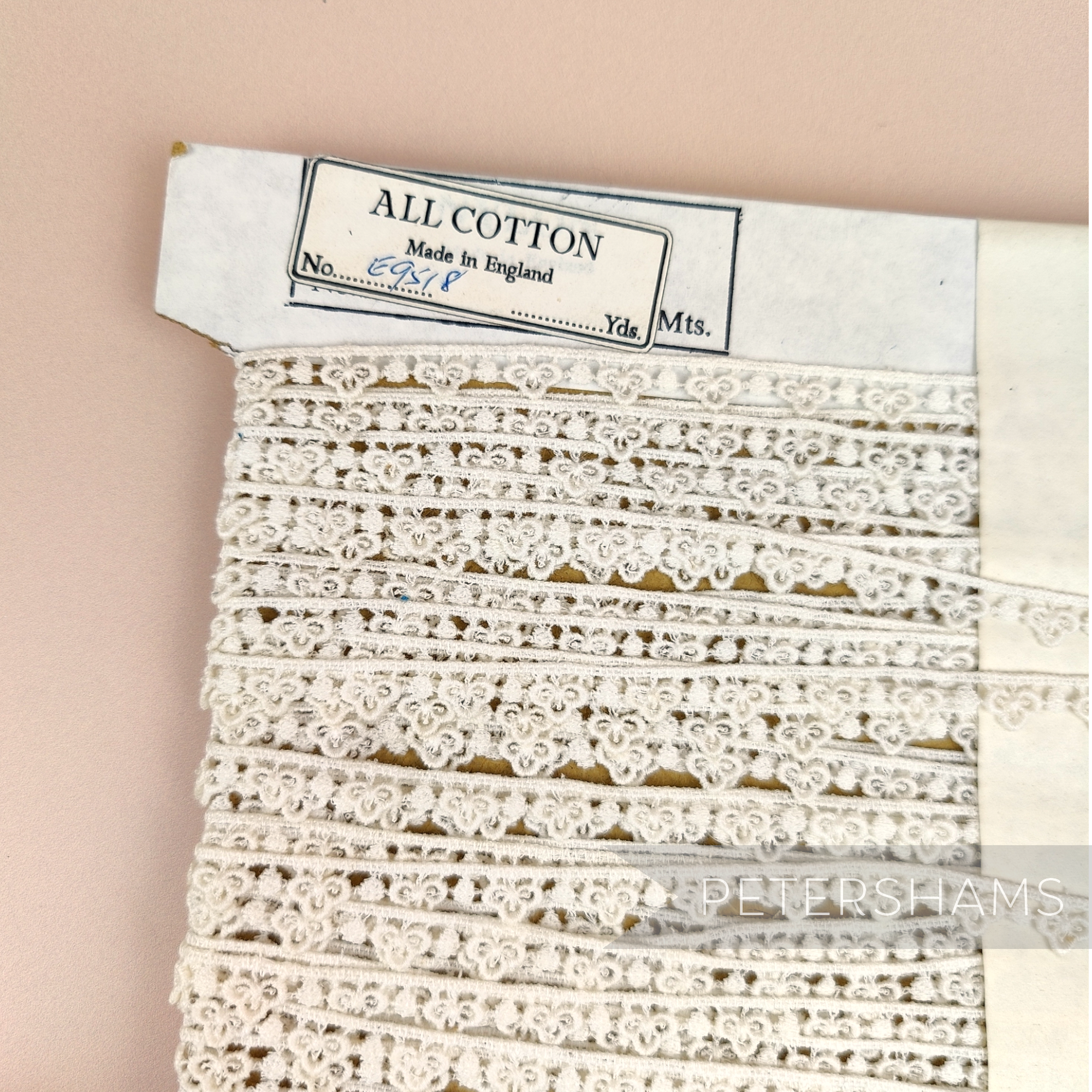 Petershams Millinery Supplies vintage ivory 9mm guipure lace trim with a mini club dotted design on a card