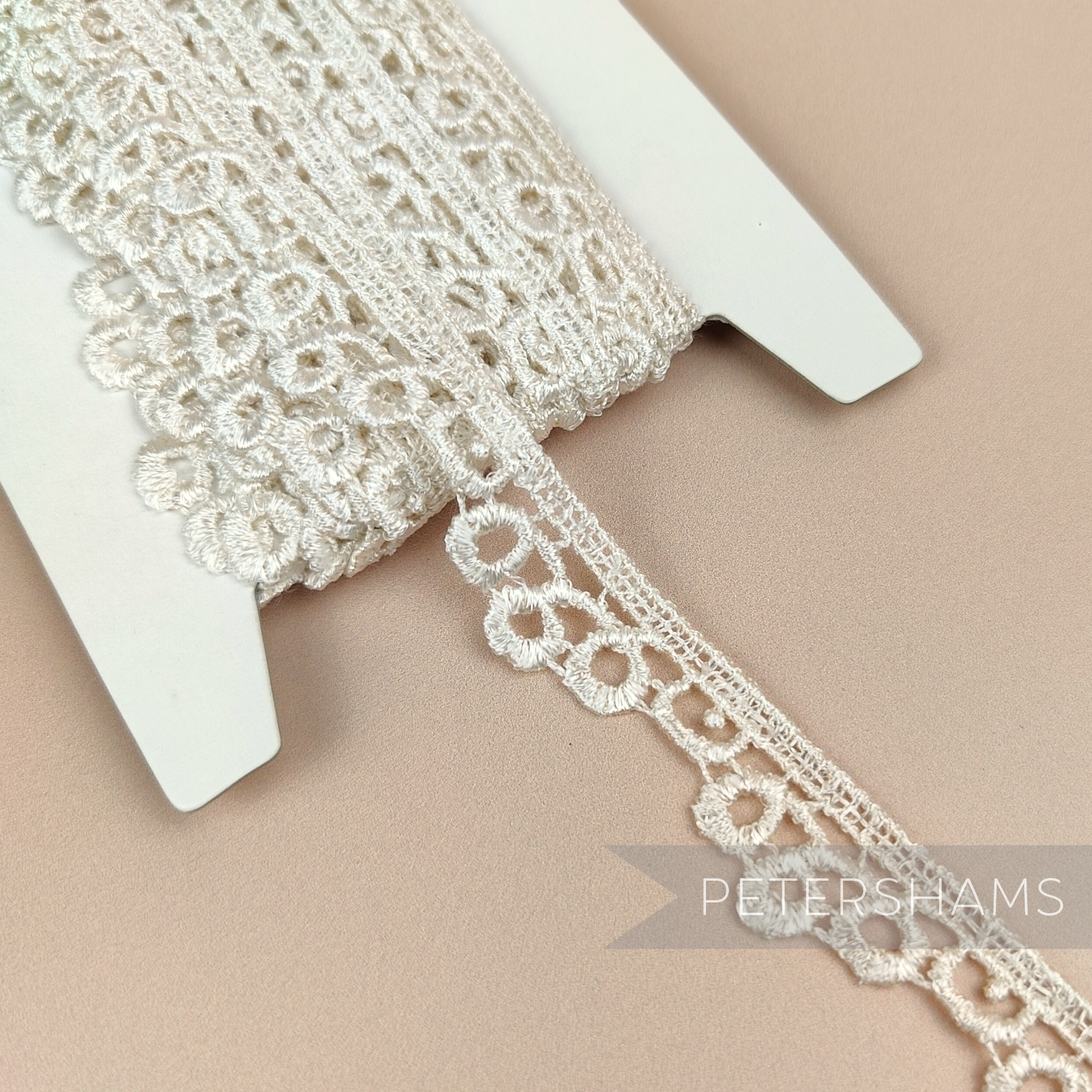 Petershams Millinery Supplies vintage 20mm ivory guipure lace trim with a loopidy loo pattern on a spool