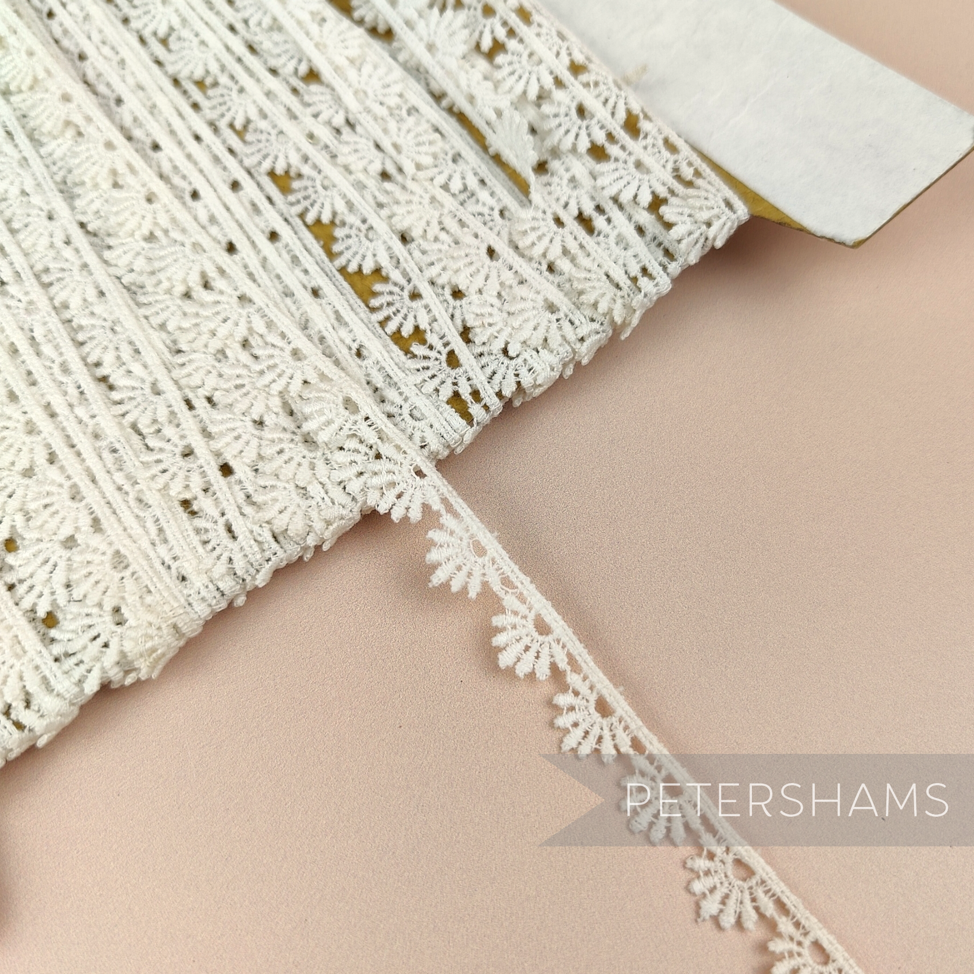 Petershams Millinery Supplies vintage 10mm ivory guipure lace trim with a delicate radiant fan design