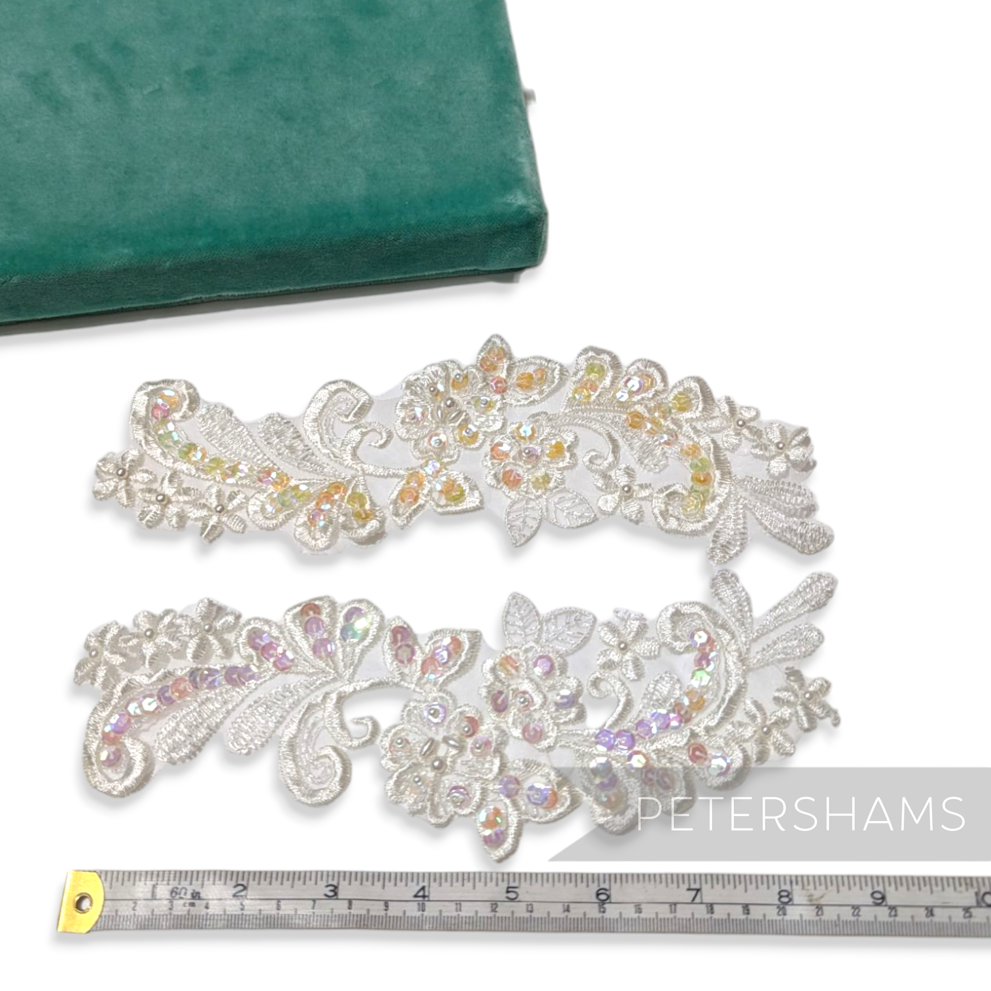 Petershams Millinery Supplies Gladys ivory lace collar motifs with iridescent sequins and faux pearls, pair set