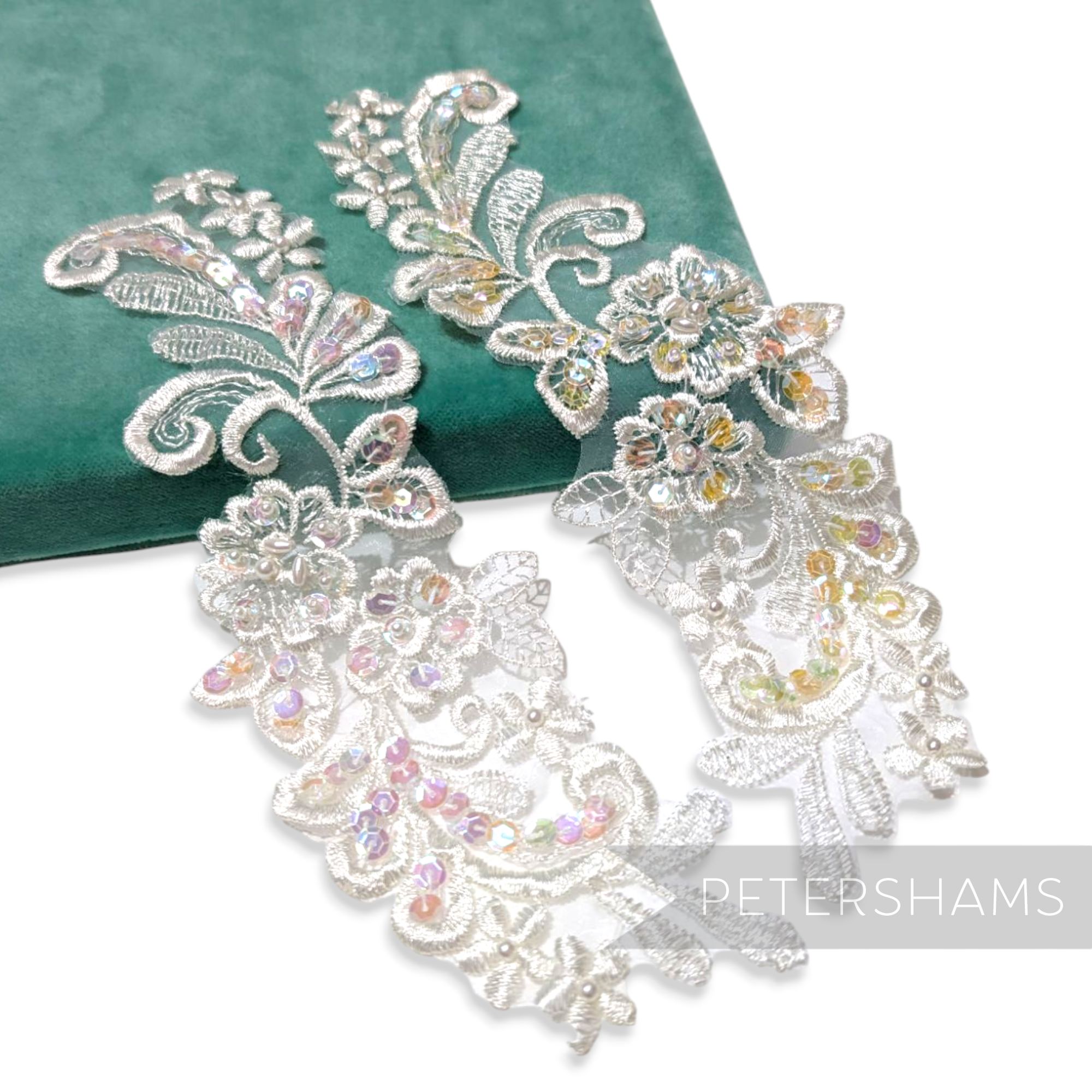 Petershams Millinery Supplies Gladys ivory lace bridal motifs with iridescent sequins and faux pearls in a mirror pair.