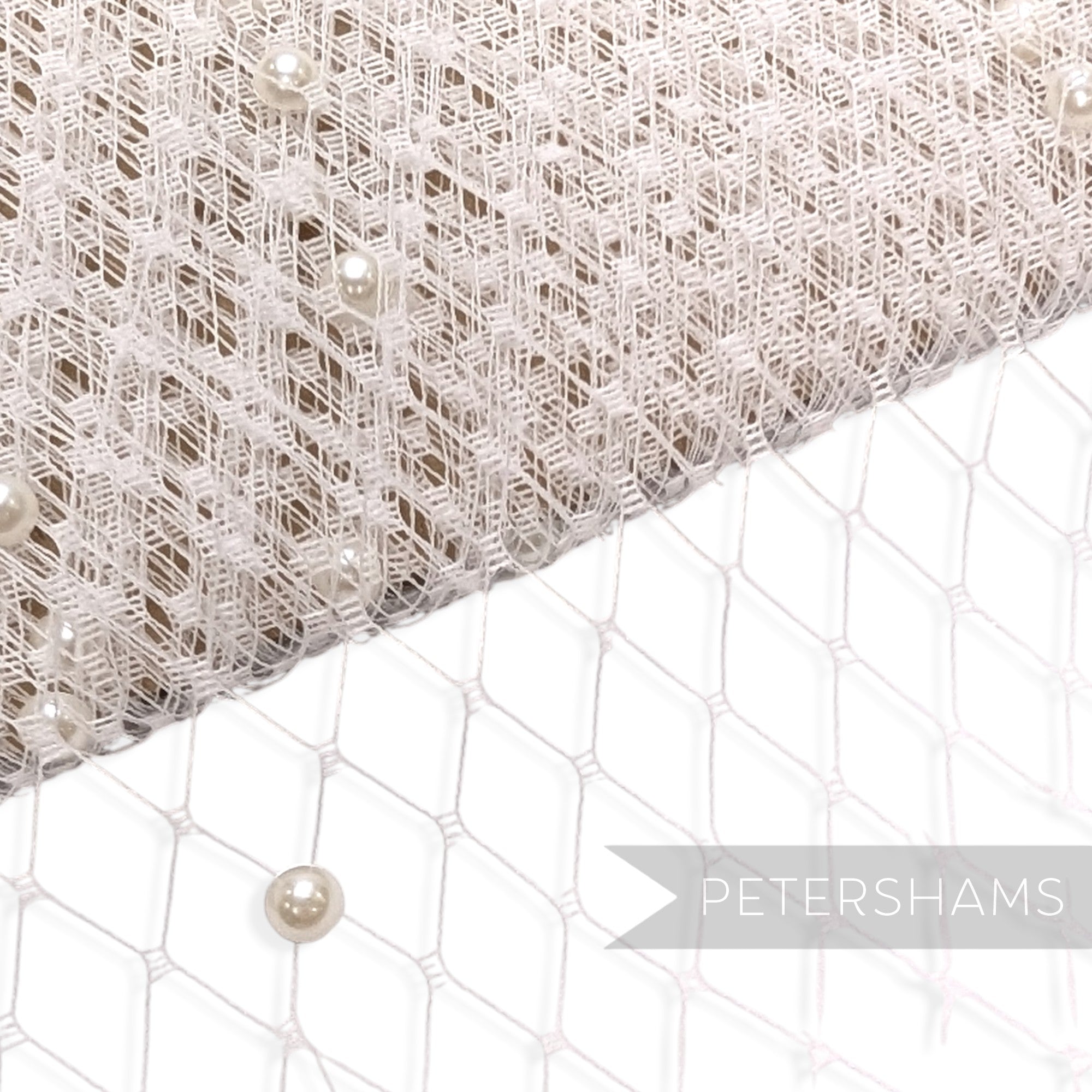 Petershams Millinery Supplies ivory diamond-patterned veiling fabric embellished with 5mm flat-backed acrylic pearls