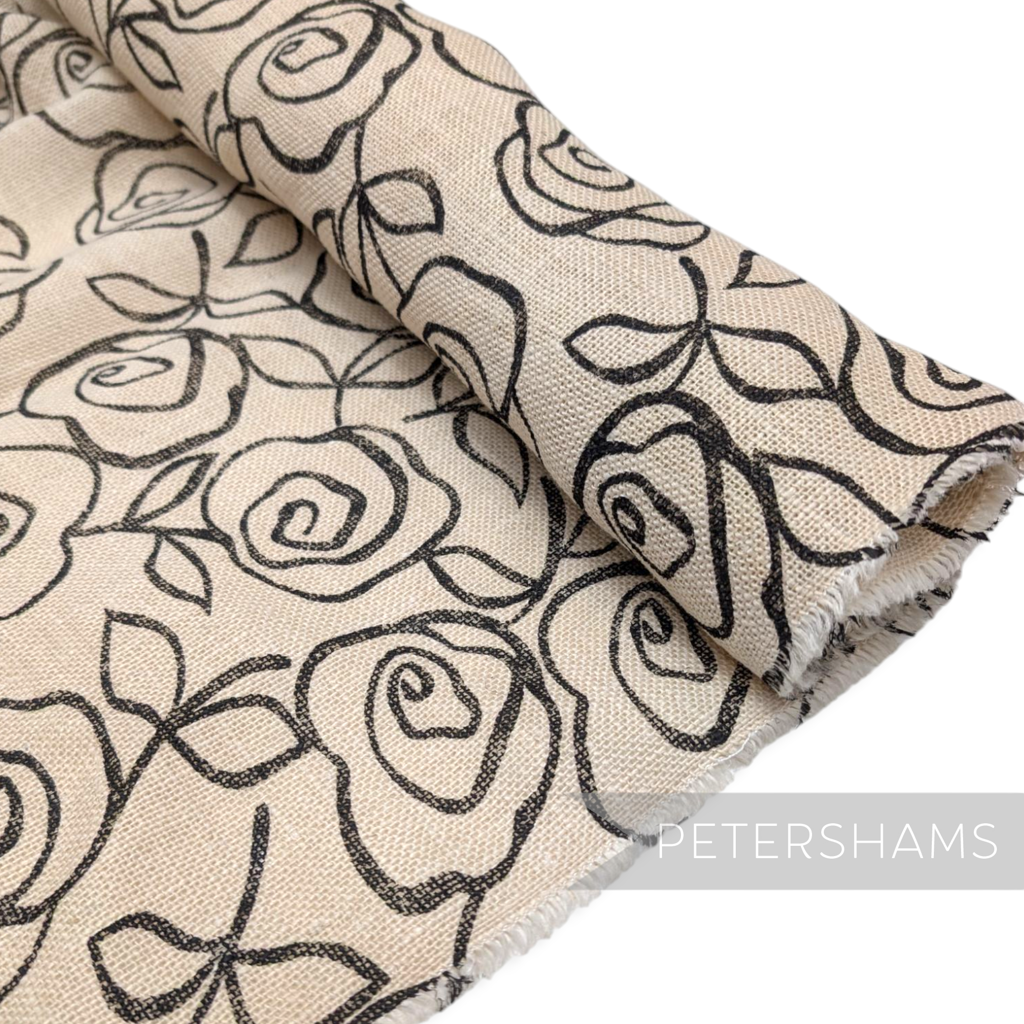 Petershams Millinery Supplies Italian ivory jute cotton fabric with a black rose print pattern for hat trimming