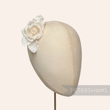 Petershams Millinery Supplies vintage ivory silk satin rose flower mount on a millinery head block