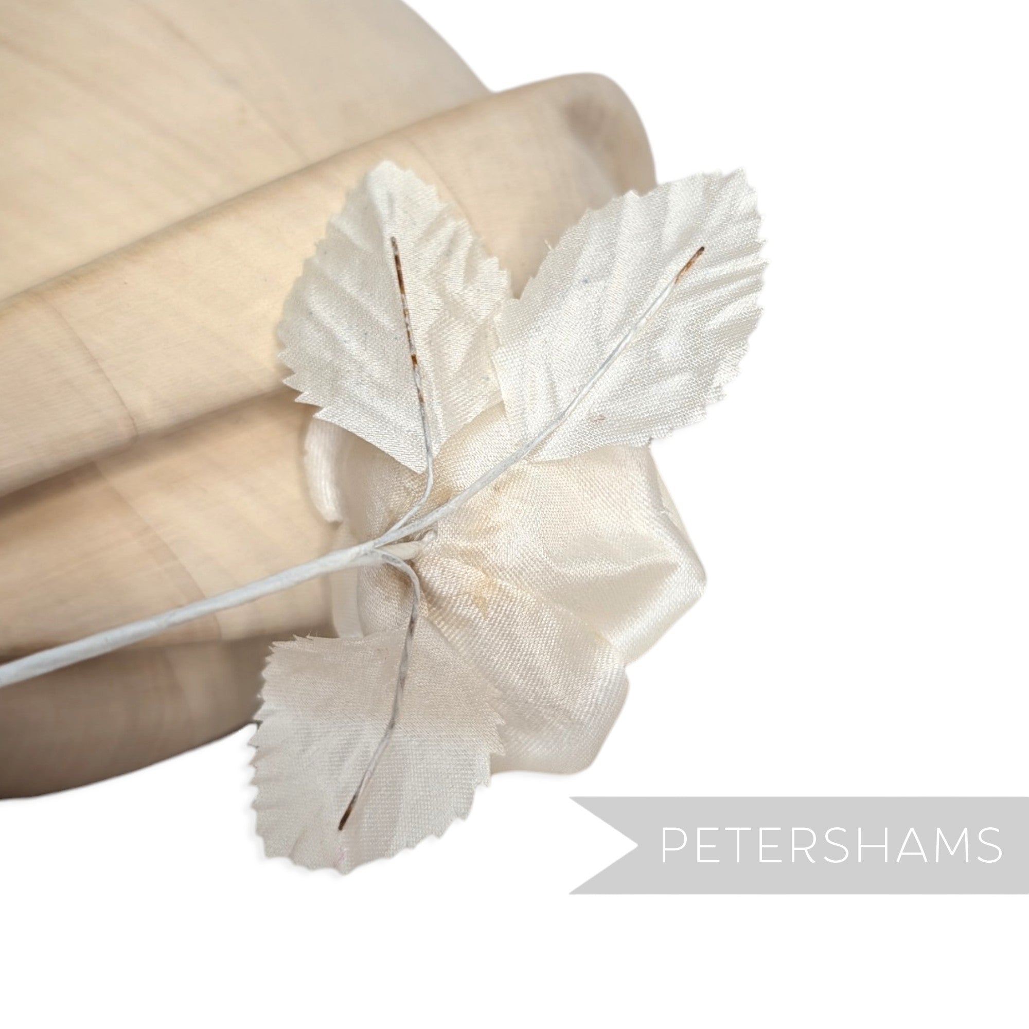 Petershams Millinery Supplies vintage ivory silk satin rose flower mount with wire stem and leaves