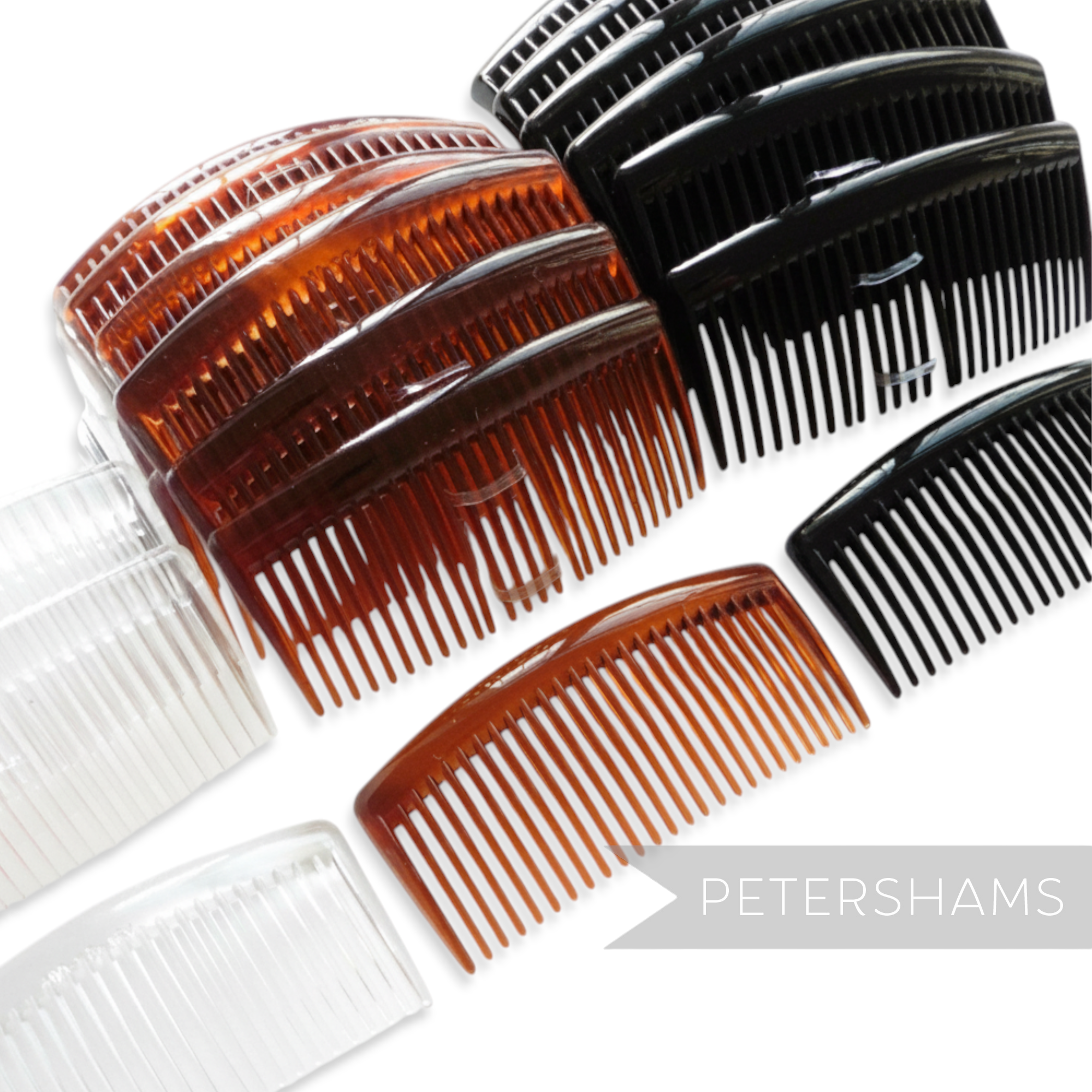 Petershams Millinery Supplies large 9.5cm plastic hair combs in black, tortoise brown, and clear for hat making.