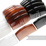 Petershams Millinery Supplies large 9.5cm plastic hair combs in black, tortoise brown, and clear for hat making.