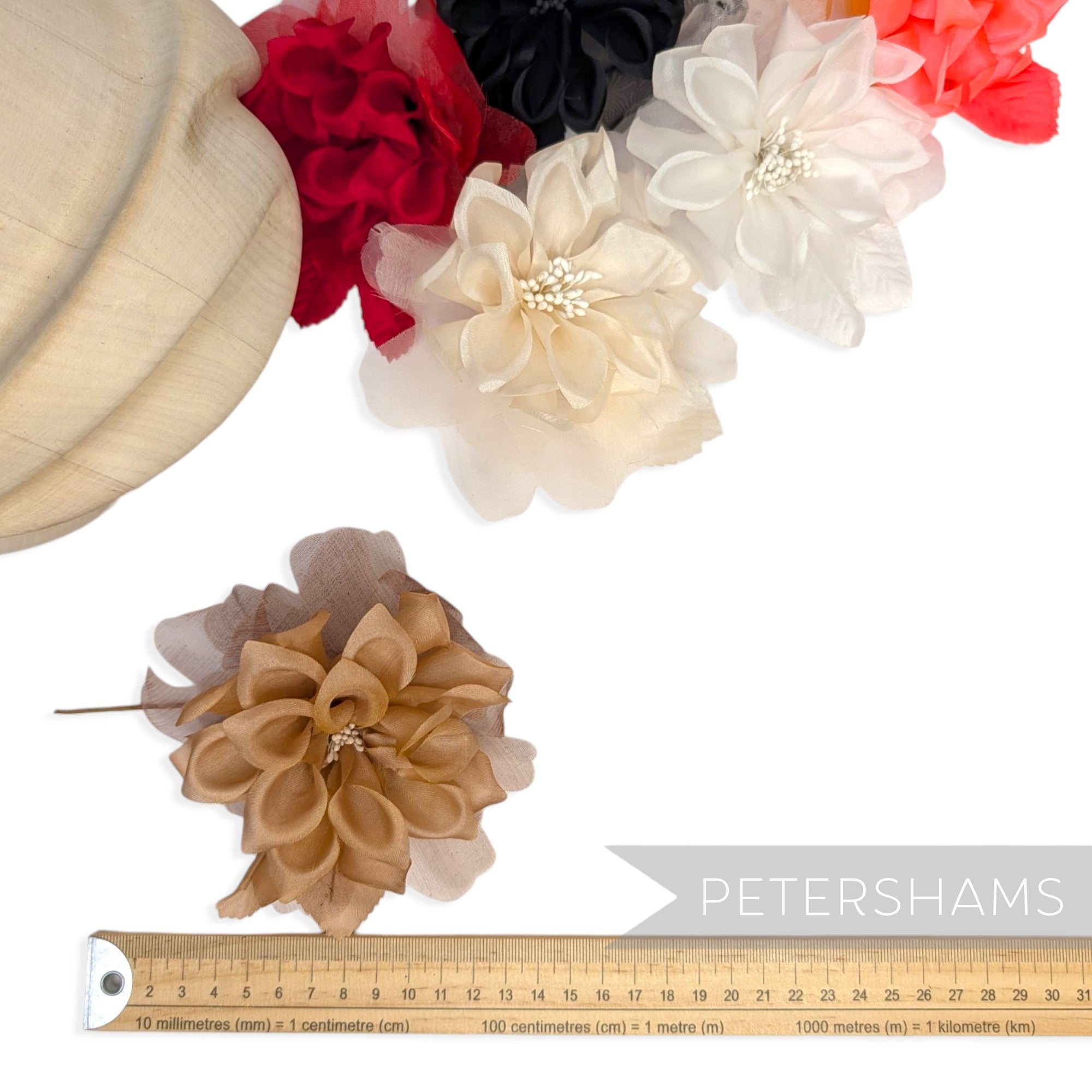 Petershams Millinery Supplies Dilliah silk and organza dahlia flower hat mount in latte brown with wired stem