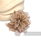 Petershams Millinery Supplies latte silk and organza dahlia hat mount flower with wired stem and leaves