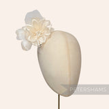 Petershams Millinery Supplies Dilliah latte silk and organza dahlia flower mount on a millinery head block