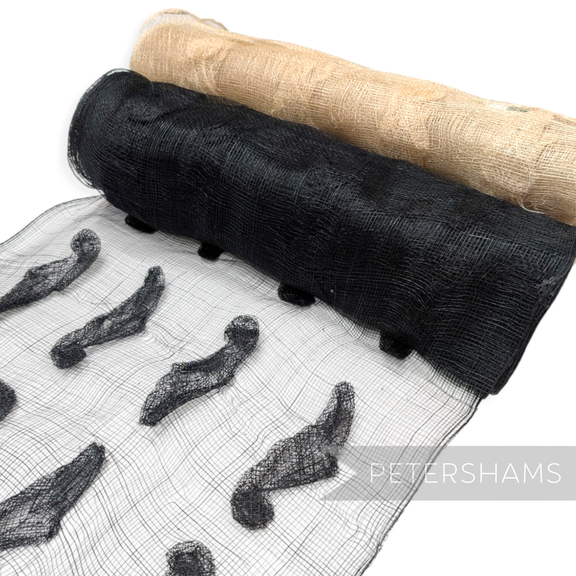 Petershams Millinery Supplies black and natural sinamay fabric rolls with soft rounded leaf applique detailing.
