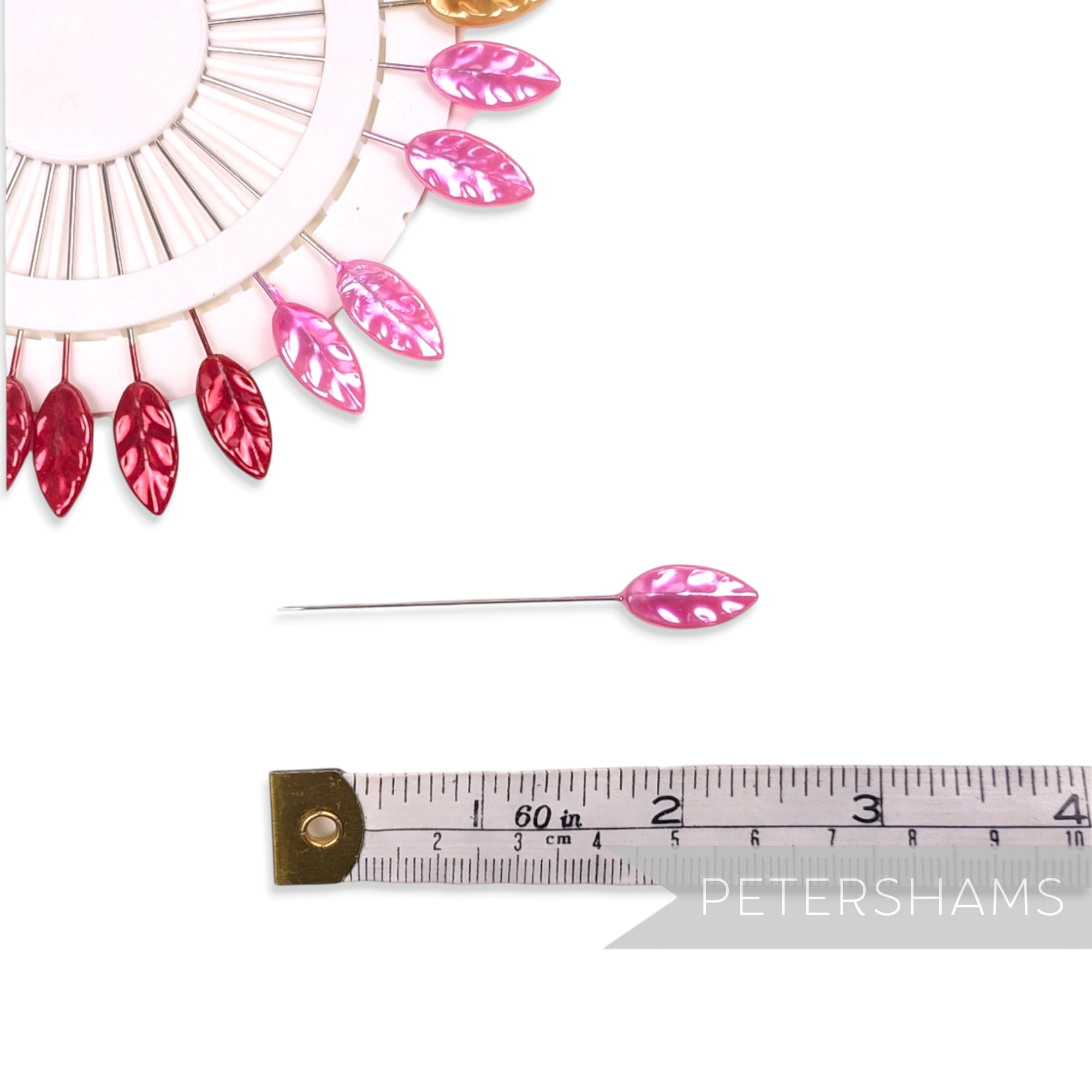 Petershams Millinery Supplies vintage inspired leaf sewing pins in pink and red shades with a storage wheel