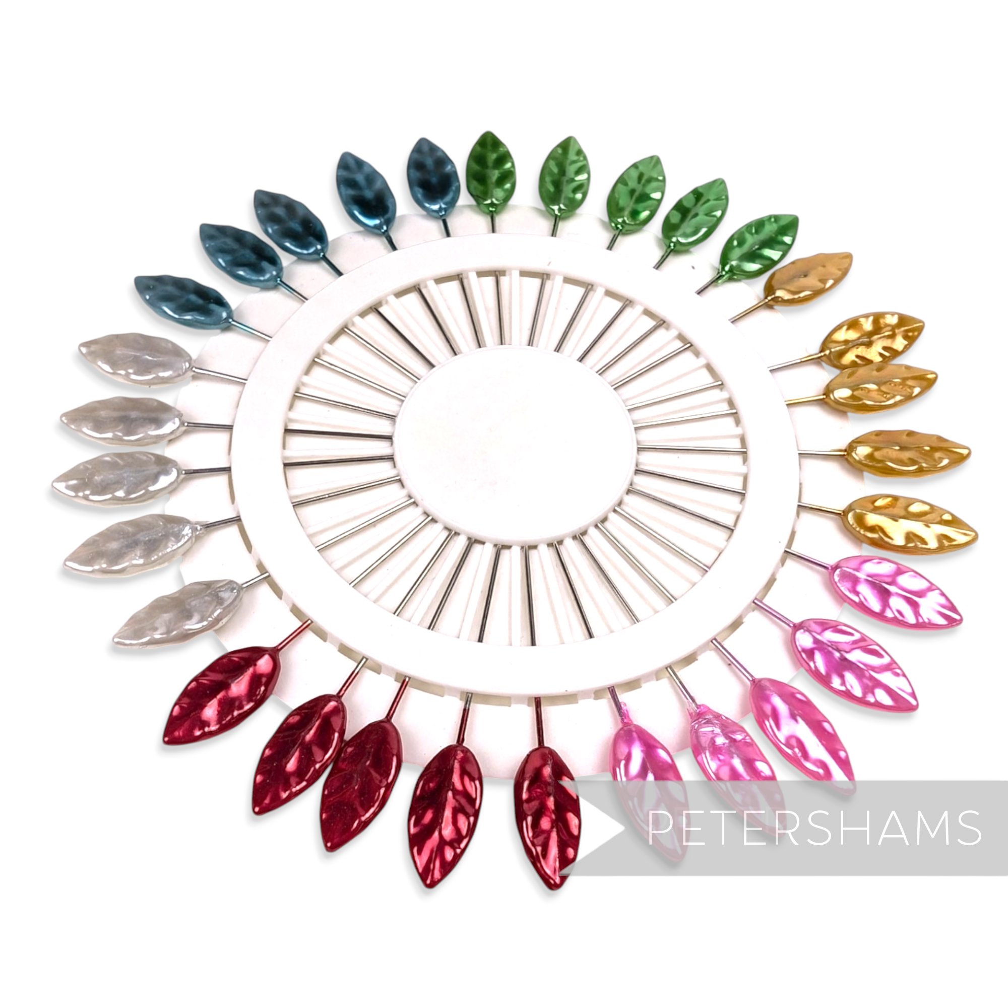 Petershams Millinery Supplies set of 30 vintage inspired leaf-shaped sewing pins in a rainbow of metallic colours.
